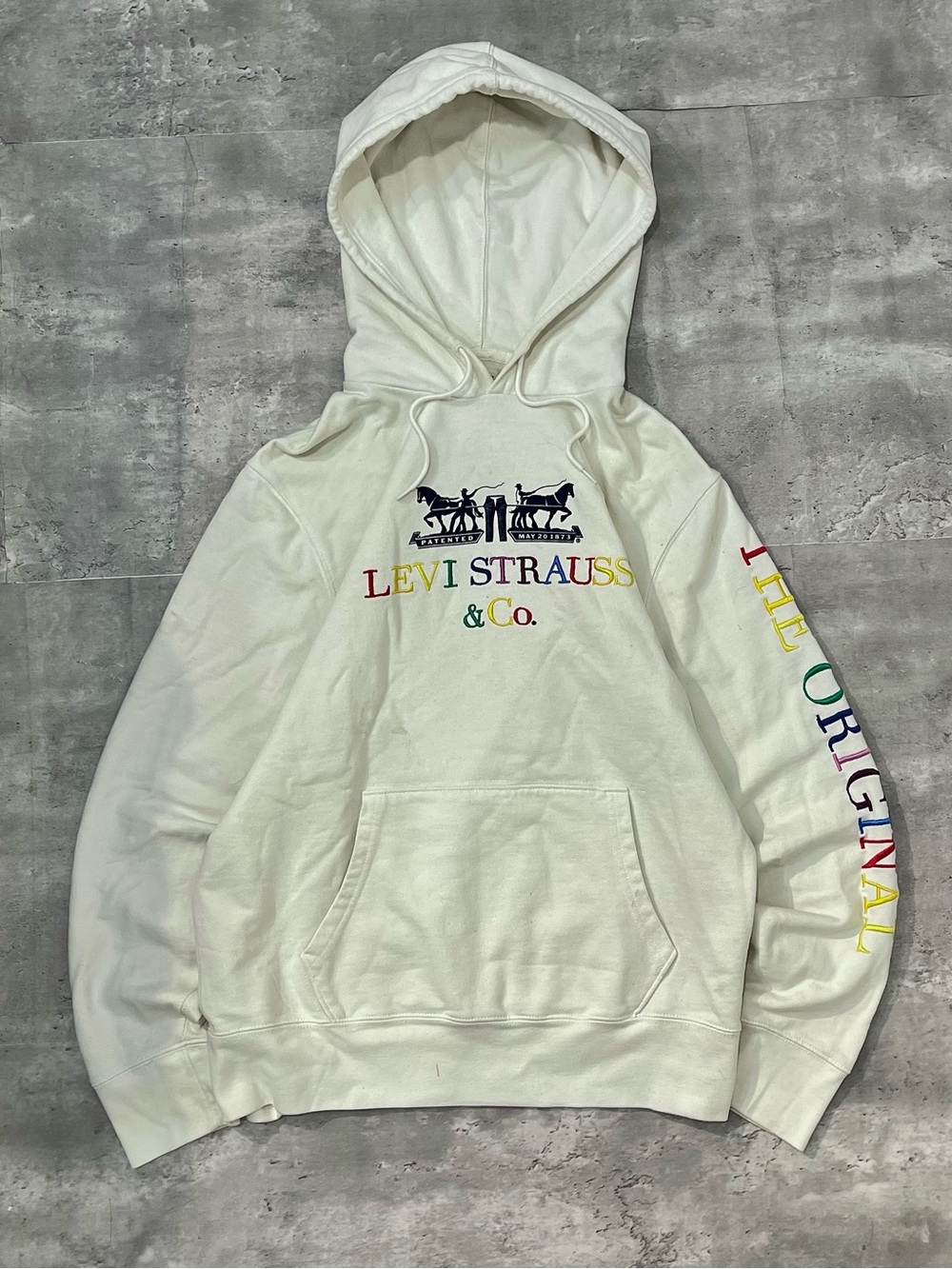 Levis Strauss Original Logo Hoodie White Embroidered Pullover Mens Medium